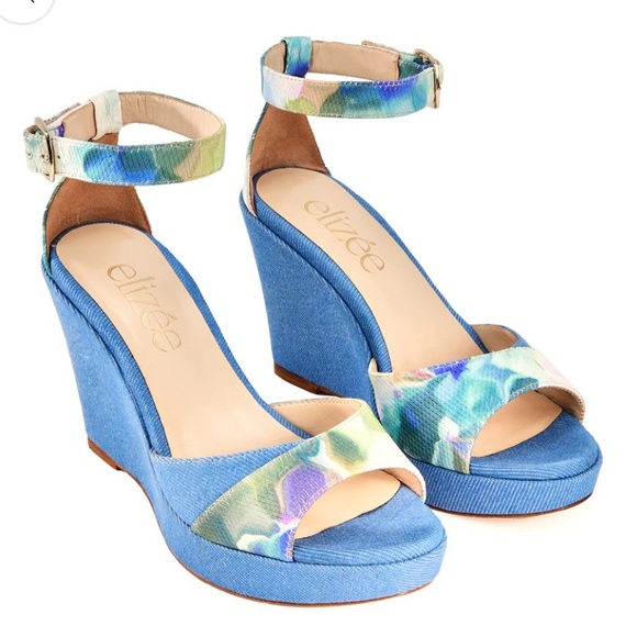 Floral Denim Leather Platform Heels by Elizee - Picture 1 of 9